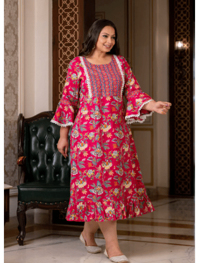 Plus size Pink Cotton Printed Kurti Gown - BONYHUBSALWAR KAMEEZ