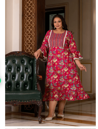 Plus size Pink Cotton Printed Kurti Gown - BONYHUBSALWAR KAMEEZ