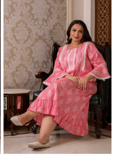 Plus size Pink Lacework Cotton Printed Kurti Gown - BONYHUBSALWAR KAMEEZ