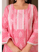 Plus size Pink Lacework Cotton Printed Kurti Gown - BONYHUBSALWAR KAMEEZ