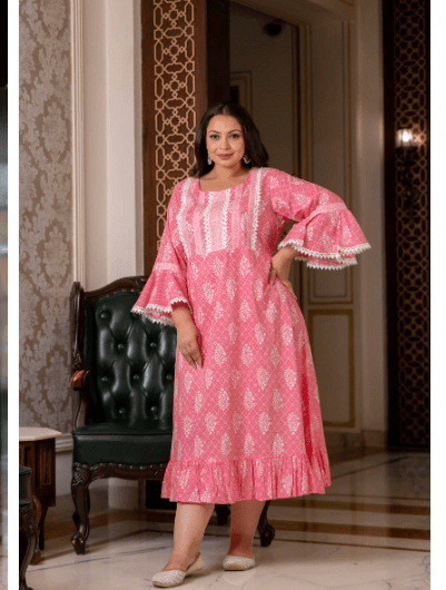 Plus size Pink Lacework Cotton Printed Kurti Gown - BONYHUBSALWAR KAMEEZ