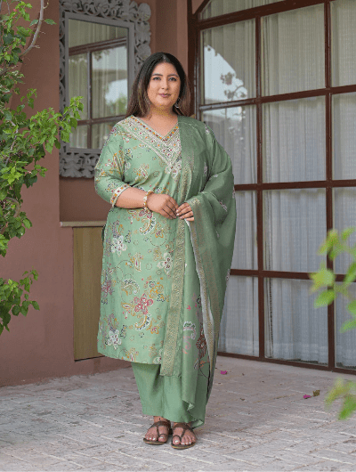 Plus Size Pista Green Embroidered Straight Suit - BONYHUBSALWAR KAMEEZ