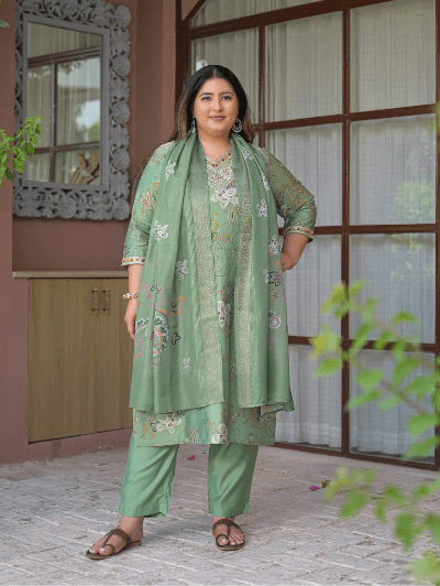 Plus Size Pista Green Embroidered Straight Suit - BONYHUBSALWAR KAMEEZ