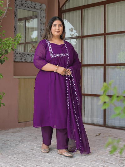 Plus Size Purple Georgette Kurta Dupatta Set - BONYHUBSALWAR KAMEEZ