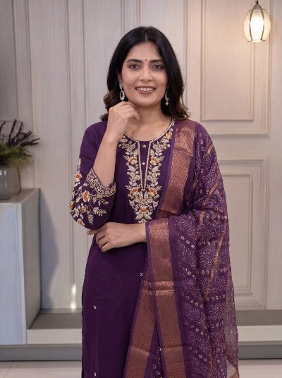 Plus Size Purple Jacquard Embroidered Cotton Straight Suit Set for Women - BONYHUBSALWAR KAMEEZ
