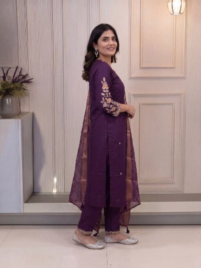 Plus Size Purple Jacquard Embroidered Cotton Straight Suit Set for Women - BONYHUBSALWAR KAMEEZ