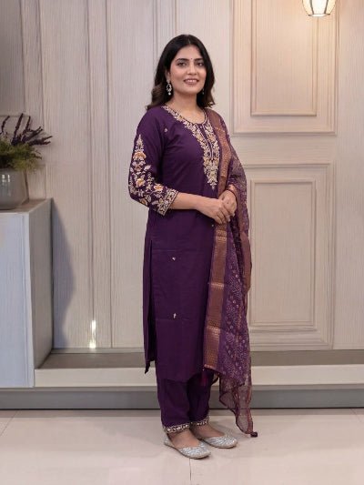 Plus Size Purple Jacquard Embroidered Cotton Straight Suit Set for Women - BONYHUBSALWAR KAMEEZ