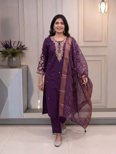 Plus Size Purple Jacquard Embroidered Cotton Straight Suit Set for Women - BONYHUBSALWAR KAMEEZ