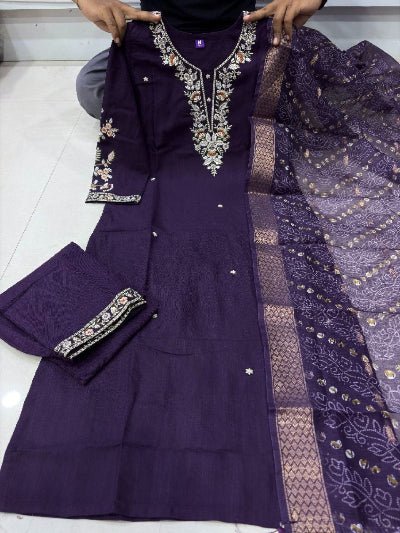 Plus Size Purple Jacquard Embroidered Cotton Straight Suit Set for Women - BONYHUBSALWAR KAMEEZ