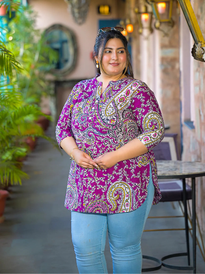 Plus Size Purple Paisley Print Top - BONYHUBSALWAR KAMEEZ