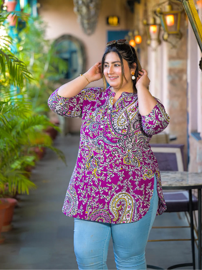 Plus Size Purple Paisley Print Top - BONYHUBSALWAR KAMEEZ