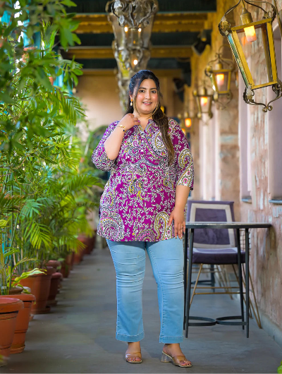 Plus Size Purple Paisley Print Top - BONYHUBSALWAR KAMEEZ