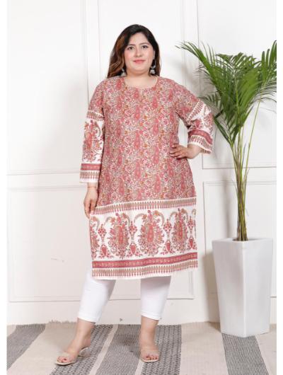 Plus Size Red Cotton Printed Kurti - BONYHUBSALWAR KAMEEZ