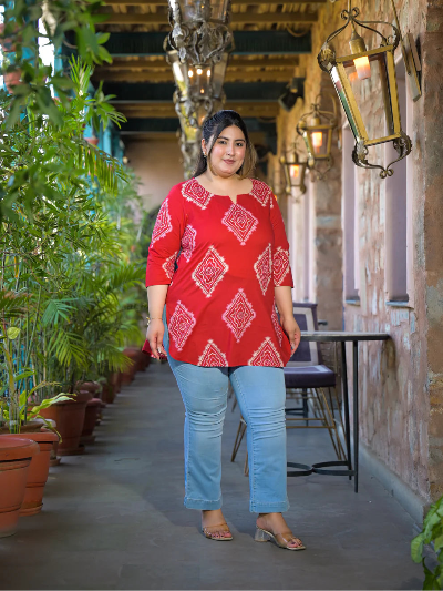 Plus Size Red Cotton Printed Top - BONYHUBSALWAR KAMEEZ