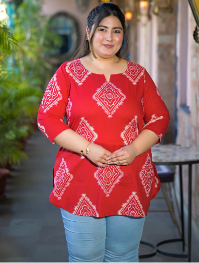 Plus Size Red Cotton Printed Top - BONYHUBSALWAR KAMEEZ