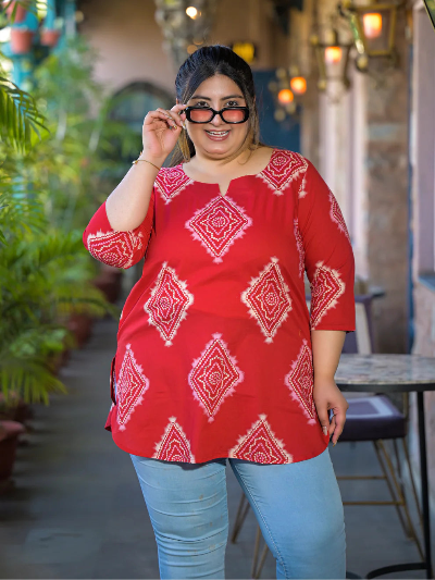 Plus Size Red Cotton Printed Top - BONYHUBSALWAR KAMEEZ