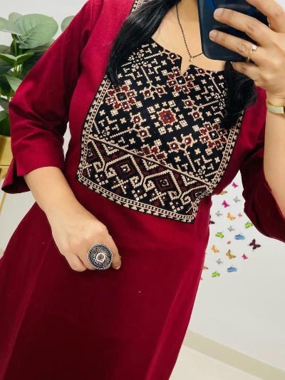 Plus Size Red Mirror Work Cotton Kurti Pant Set - BONYHUBSALWAR KAMEEZ