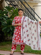 Plus Size Red White Floral Cotton Printed Readymade Salwar Suit - BONYHUBSALWAR KAMEEZ