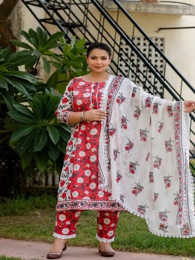 Plus Size Red White Floral Cotton Printed Readymade Salwar Suit - BONYHUBSALWAR KAMEEZ
