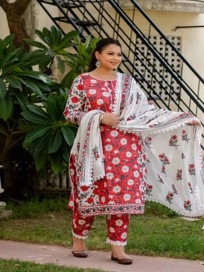 Plus Size Red White Floral Cotton Printed Readymade Salwar Suit - BONYHUBSALWAR KAMEEZ