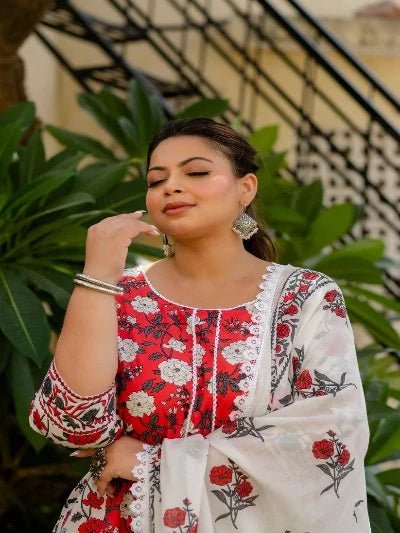 Plus Size Red White Floral Cotton Printed Readymade Salwar Suit - BONYHUBSALWAR KAMEEZ