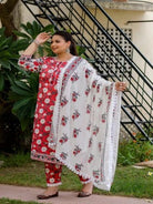 Plus Size Red White Floral Cotton Printed Readymade Salwar Suit - BONYHUBSALWAR KAMEEZ