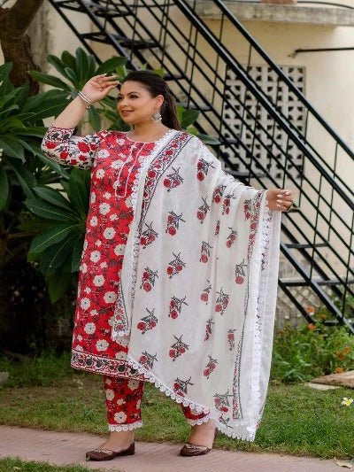 Plus Size Red White Floral Cotton Printed Readymade Salwar Suit - BONYHUBSALWAR KAMEEZ