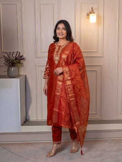 Plus Size Rust Jacquard Embroidered Cotton Straight Suit Set for Women - BONYHUBSALWAR KAMEEZ