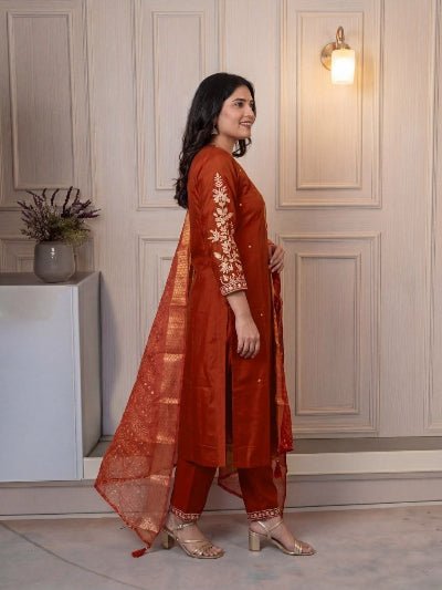 Plus Size Rust Jacquard Embroidered Cotton Straight Suit Set for Women - BONYHUBSALWAR KAMEEZ