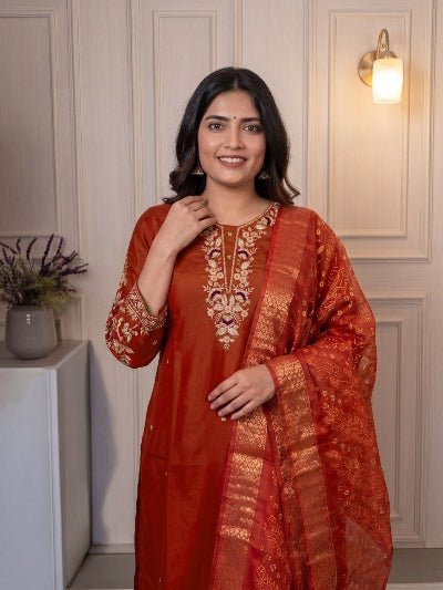 Plus Size Rust Jacquard Embroidered Cotton Straight Suit Set for Women - BONYHUBSALWAR KAMEEZ