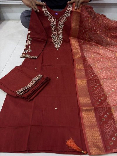 Plus Size Rust Jacquard Embroidered Cotton Straight Suit Set for Women - BONYHUBSALWAR KAMEEZ