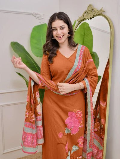 Plus Size Rust Orange Muslin Salwar Suit Set - BONYHUBSALWAR KAMEEZ