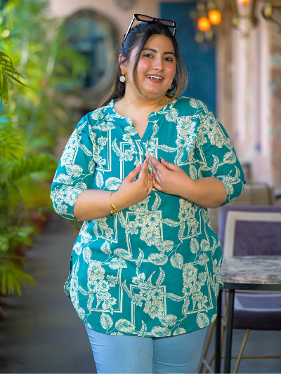 Plus Size Teal Blue Floral Printed Top - BONYHUBSALWAR KAMEEZ