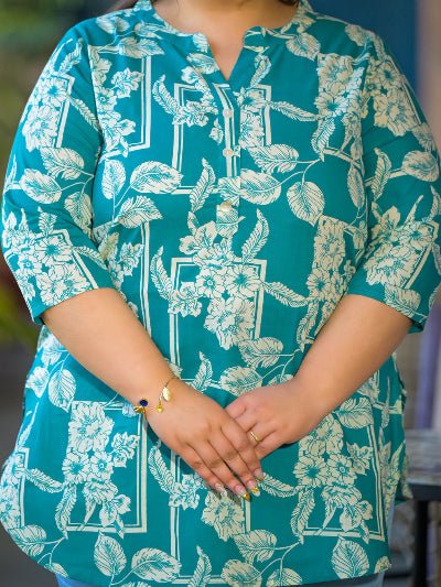 Plus Size Teal Blue Floral Printed Top - BONYHUBSALWAR KAMEEZ