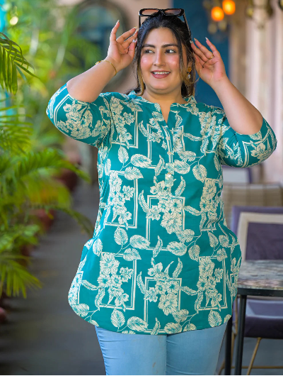 Plus Size Teal Blue Floral Printed Top - BONYHUBSALWAR KAMEEZ
