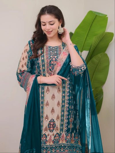 Plus Size Teal Blue Jaipuri Print Mirror Work Salwar Suit - BONYHUBSALWAR KAMEEZ