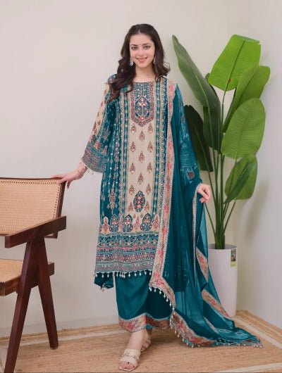 Plus Size Teal Blue Jaipuri Print Mirror Work Salwar Suit - BONYHUBSALWAR KAMEEZ