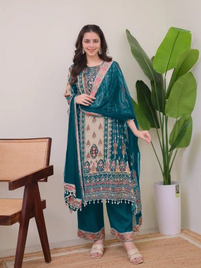 Plus Size Teal Blue Jaipuri Print Mirror Work Salwar Suit - BONYHUBSALWAR KAMEEZ