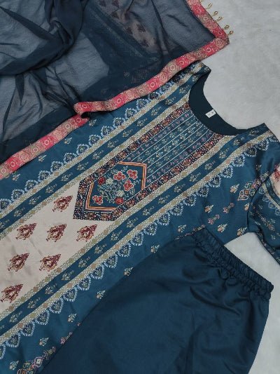 Plus Size Teal Blue Jaipuri Print Mirror Work Salwar Suit - BONYHUBSALWAR KAMEEZ