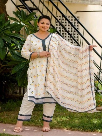 Plus Size White Cotton Jaipuri Print Readymade Salwar Suit - BONYHUBSALWAR KAMEEZ
