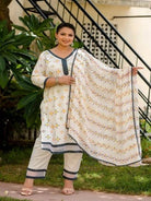 Plus Size White Cotton Jaipuri Print Readymade Salwar Suit - BONYHUBSALWAR KAMEEZ