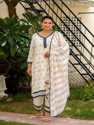 Plus Size White Cotton Jaipuri Print Readymade Salwar Suit - BONYHUBSALWAR KAMEEZ