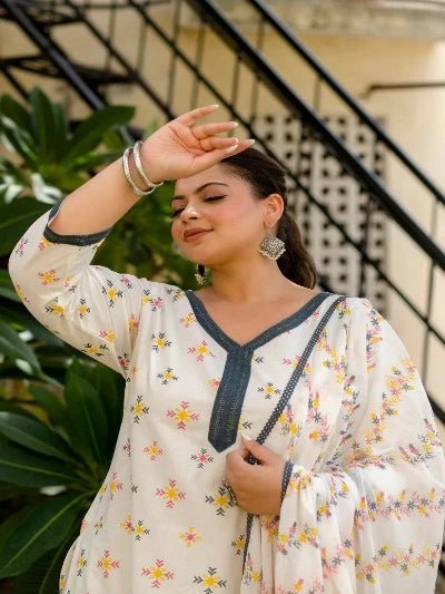 Plus Size White Cotton Jaipuri Print Readymade Salwar Suit - BONYHUBSALWAR KAMEEZ