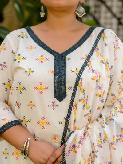 Plus Size White Cotton Jaipuri Print Readymade Salwar Suit - BONYHUBSALWAR KAMEEZ