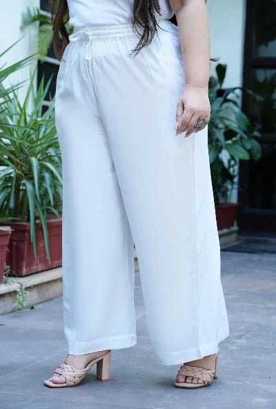Plus size White Rayon Wide Leg Palazzo - BONYHUBSALWAR