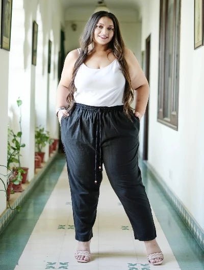 Plus size Women Black Cotton Trouser Pant - BONYHUBSALWAR
