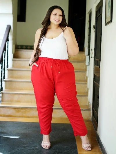 Plus size Women Red Cotton Trouser Pant - BONYHUBSALWAR