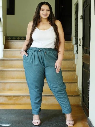Plus size Women Teal Cotton Trouser Pant - BONYHUBSALWAR