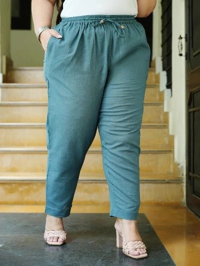 Plus size Women Teal Cotton Trouser Pant - BONYHUBSALWAR