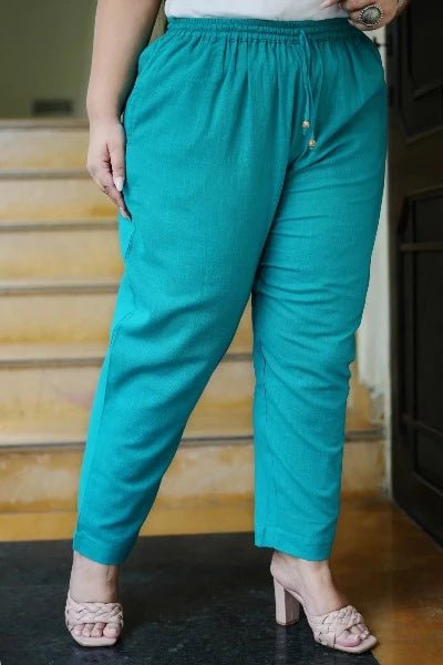 Plus size Women Turquoise Cotton Trouser Pant - BONYHUBSALWAR